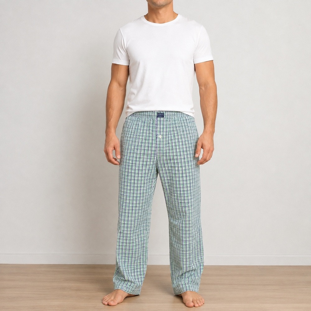 Polo Ralph Lauren Vintage Gingham Plaid Pajama Pants Green Blue Medium 30x30